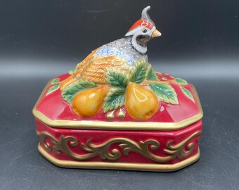 Fitz and Floyd Christmas Partridge Ceramic Rectangular Box with Lid Red and Gold