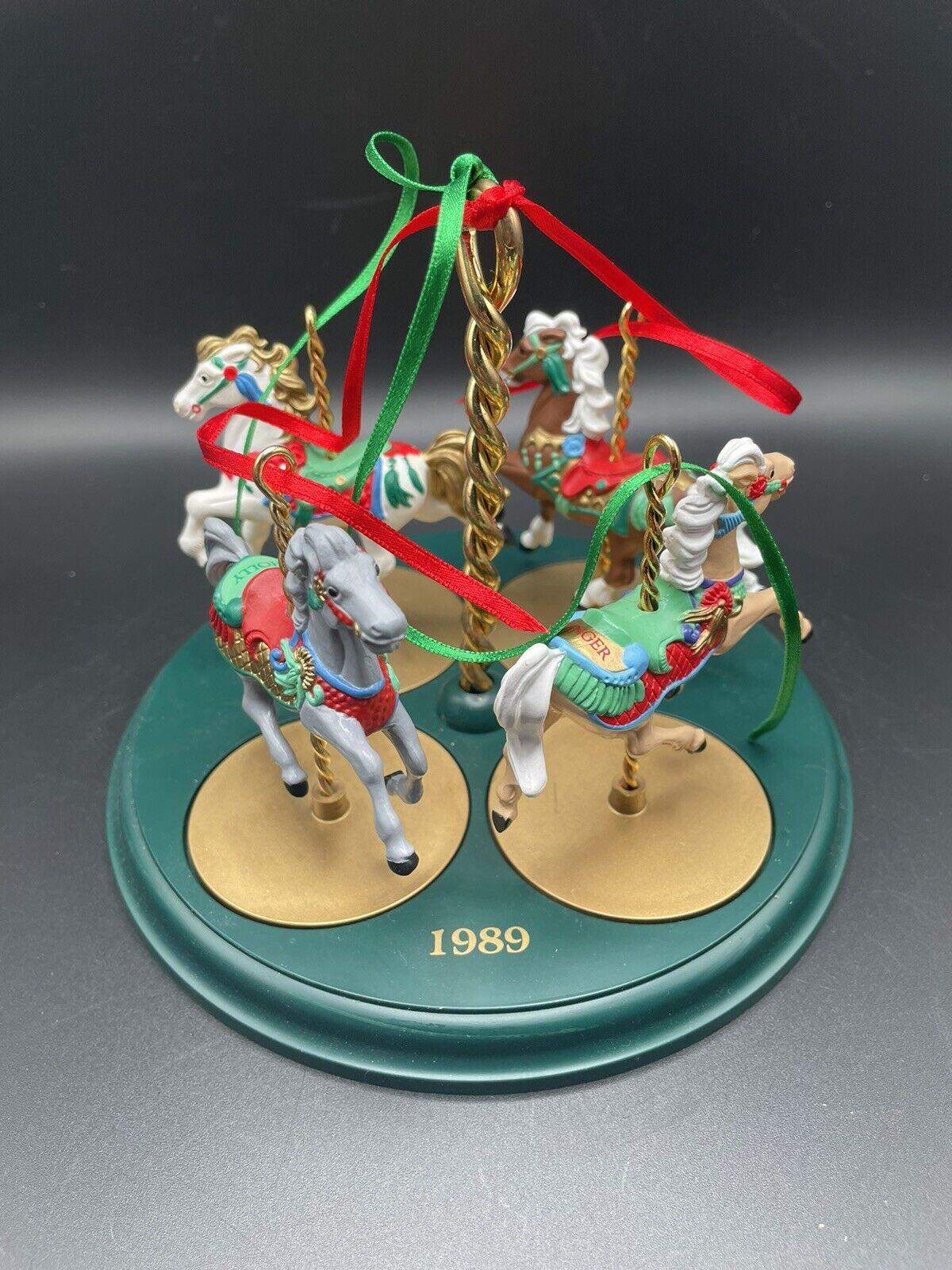 1989 Vintage Hallmark Carousel Horses Ornaments & Display Base w Boxes 5 Pieces
