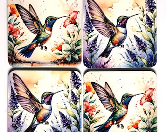 Hummingbird & Flowers Square Sublimation Coasters