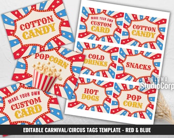 Carnival Birthday Tags, Editable Circus Tent Buffet Labels, Red & Blue Carnival Birthday Card, Carnival Food Tent Cards, Circus Party Decor