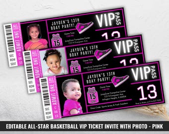 Basketball Theme 23rd Birthday VIP Ticket Invitation with Photo, Basketball Game Invite, Pink Black Sports Pass, 23rd Sneaker Party VIP Pass