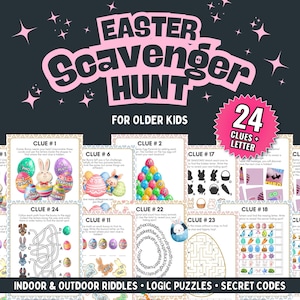 May include: An Easter Scavenger Hunt game in pink and black, designed for older children. The game includes 24 clues and letters, riddles, logic puzzles, and secret codes. The game features colourful illustrations of Easter eggs, bunnies, and other Easter-themed images.