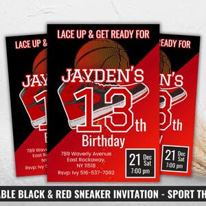 Faire-part d'anniversaire modifiable pour un match de basket-ball de l'année sautante, flyer ballon de basket, carte d'invitation à une soirée sur le thème chaussures de sport, laissez-passer rouge noir et blanc
