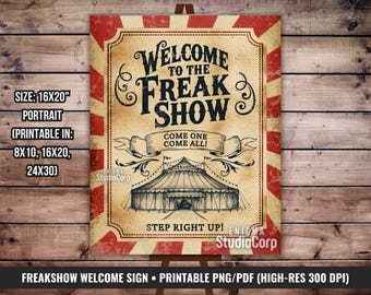 Freakshow Welcome Sign, Creepy Carnival Decor, Vintage Circus Poster, Antique Halloween CarnEvil Poster, Printable Spooky Circus Entrance