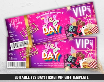 Yes Day Ticket VIP Gift, Surprise Best Day Ever Coupon for Kid Girls, Fun Day Special Experience Voucher, Rainbow Pink Gift Card Certificate