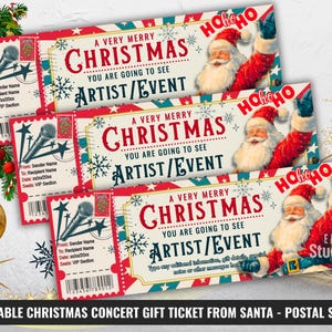 Könnte beinhalten: Drei Weihnachtskonzert-Geschenktickets mit Vintage-Design. Jedes Ticket zeigt den Weihnachtsmann, Schneeflocken und den Text "A Very Merry Christmas". Die Tickets haben ein rot-weiß-blaues Farbschema.