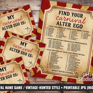 Op de afbeelding: Een vintage carnavalspel met een rood, crème en geel kleurenschema. De afbeelding toont kaarten met de tekst "My Carnival Alter Ego Is:" en een grotere poster met een spel om je carnaval alter ego te vinden. Het spel bevat lijsten met voorvoegsels, bijnamen en rollen.