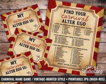 Spooky Carnival Name Game Printable, Vintage Circus Alter Ego Sign & Name Cards, Birthday or Halloween Party Decor, Creepy Freak Show Game