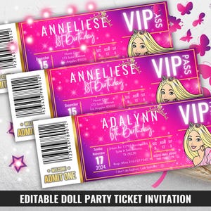 Bearbeitbar Barbi Geburtstag VIP Ticket Einladung, Pink Glam Party Pass, Malibu Modepuppe Thema, Traumhaus Geburtstag einladen, Barbe Girl Party