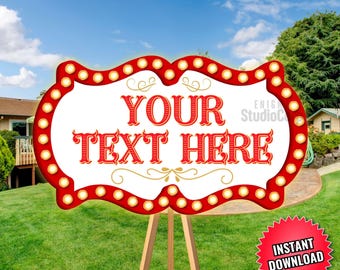 Circus Custom Sign, Red Circus Birthday Sign with Name, Kids Carnival Party Decor, Vintage Marquee Light Sign, Printable Carnival Yard Sign