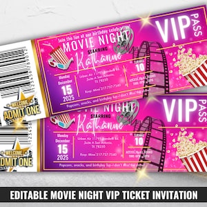 Movie Night VIP Ticket Einladung, Kino-Geburtstagsfeier einladen, Pink Printable Stub, Mädchen Vintage Vorlage, bearbeitbarer Ticket Design Pass