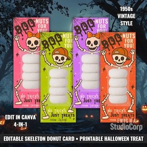 May include: Four vintage-style Halloween donut cards with skeleton designs. Each card has a skeleton illustration and the words "BOO" and "Nuts for You!". The cards are in pink, green, purple, and orange. The text "No Tricks Just Treats" is also visible.