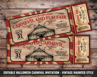 Halloween Carnival Ticket Invitation, Scary Carnevil Circus Invite, Costume Party Pass, Fright Night Party, Dark Red Haunted Fun Fair Ticket