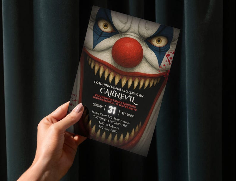 Editable Clown Horror Invitation, Scary Bloody Halloween Carnival Fair ...