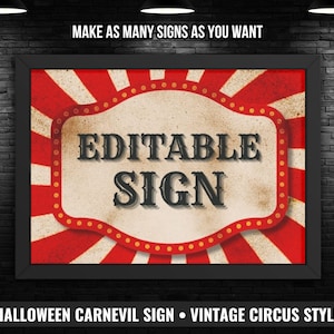 Letreros editables para fiesta de Halloween, decoración imprimible para estación de carnaval de circo embrujado, paquete de letreros de juegos/buffet, CarnEvil aterrador, plantilla de Canva