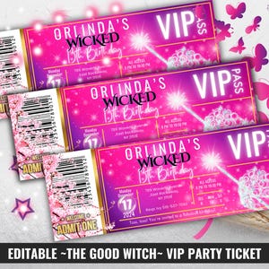Bearbeitbares Wicked inspiriertes Geburtstagseinladungs-VIP-Karte, Zauberer von Oz-Party einladen, Wicked Movie Pink Pass, gute Hexenkrone und Zauberstab