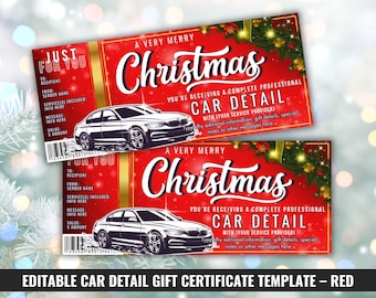 Op de afbeelding: Twee rode kerstcadeaubonnen voor een autodetailingservice. De certificaten bevatten een witte autografiek, de woorden "A Very Merry Christmas" en de tekst "Car Detail". De certificaten hebben ruimte voor ontvanger- en afzenderinformatie.