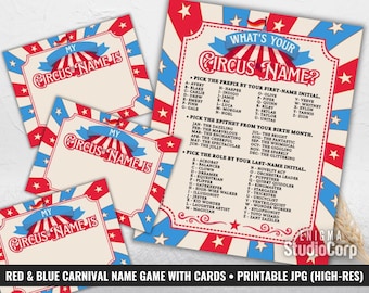 Carnival Name Game Printable, Circus Name Game Sign & Cards, Birthday Party Decor, Red Blue Circus Star Name Poster, Carnival Activity, JPG