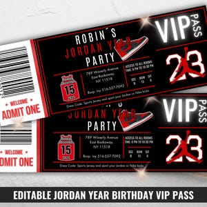 Bearbeitbares Jordan Jahr Basketball Spiel VIP Ticket Einladung, Jordan Geburtstagsparty Ticket Einladen, NBA VIP Pass, Sneaker Theme Event Pass Rot