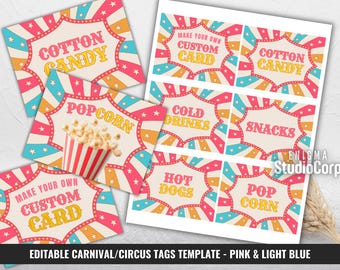 Carnival Birthday Tags for Girls, Pink Circus Tent Buffet Labels, Pink Carnival Birthday Card, Carnival Food Tent Cards, Circus Party Decor