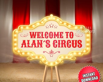Circus Custom Sign with Name, Golden Circus Marquee Frame with Lights, Kids Carnival Birthday Party Decoration, Printable Carnival Yard Sign