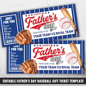 May include: Two rectangular Father's Day gift tickets featuring a blue and white pinstripe background. The text reads Happy Father's Day, Just For You, and includes fields for recipient, sender, date, location, and message, with baseball graphics.