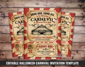 Editable Vintage Halloween Carnival Invitation, Scary Carnevil Circus Invite, Costume Party Pass, Dark Adult Party, Haunted Fun Fair Ticket