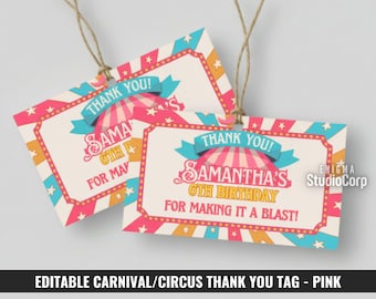 Pink Carnival Thank You Tags for Girls, Printable Circus Tent Favor Tag, Birthday Party Treat, Gift Bag Labels, Editable Canva Template, DIY