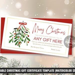 Editable Christmas Gift Certificate, Printable Holiday Voucher, Watercolor Mistletoe with Red Bow and Golden Frame Gift Card, Canva Template
