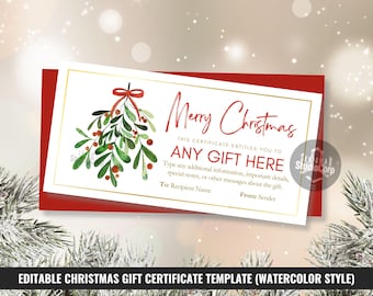 Editable Christmas Gift Certificate, Printable Holiday Voucher, Watercolor Mistletoe with Red Bow and Golden Frame Gift Card, Canva Template