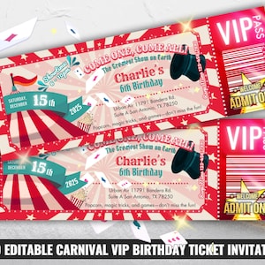 Karneval VIP Ticket Geburtstagseinladung, bearbeitbare rote Zirkusparty einladen, Karneval Motto VIP Pass, Kirmes Magie Gutschein für Mädchen Jungen