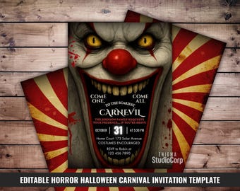 Editable Clown Horror Invitation, Scary Bloody Halloween Carnival Party Invite, Psycho Circus Theme, Goth Spooky Invite, Canva Template, DIY