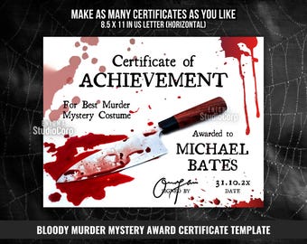 Murder Mystery Award Certificate, Bloody Killer Certificate of Achievement, Game Night Prize Awards, Halloween Costume Award Certificate