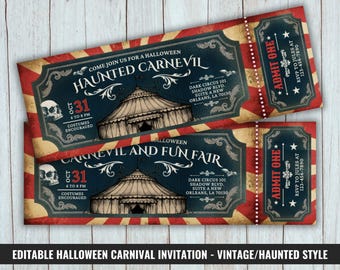 Halloween Carnival Ticket Invitation, Scary Carnevil Chalkboard Circus Pass, Dark Red Haunted Fun Fair Invite, Fright Night Party, Horror