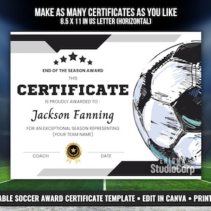 Pode incluir: Modelo de certificado de prêmio de futebol com um gráfico de bola de futebol. O certificado é branco com texto e detalhes em preto. O texto diz "End of the Season Award" e "Certificate". O certificado tem 21,6 x 27,9 cm.
