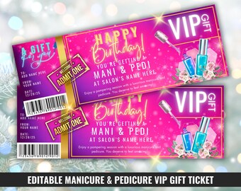 Manicure Pedicure VIP Gift Voucher, Spa Day Gift Ticket, Nail Salon Gift Certificate, Printable Mani Pedi Coupon, Gold Pink Ticket for Girls