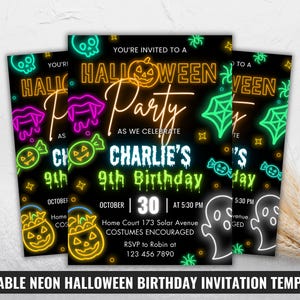 May include: Three neon-style Halloween party invitations on black. The invitations feature a pumpkin, bats, candy, and spiderwebs. The text reads "Halloween Party" and "Charlie's 9th Birthday" with event details.
