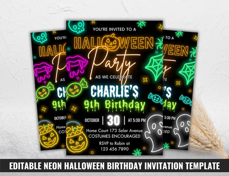 May include: Three neon-style Halloween party invitations on black. The invitations feature a pumpkin, bats, candy, and spiderwebs. The text reads "Halloween Party" and "Charlie's 9th Birthday" with event details.