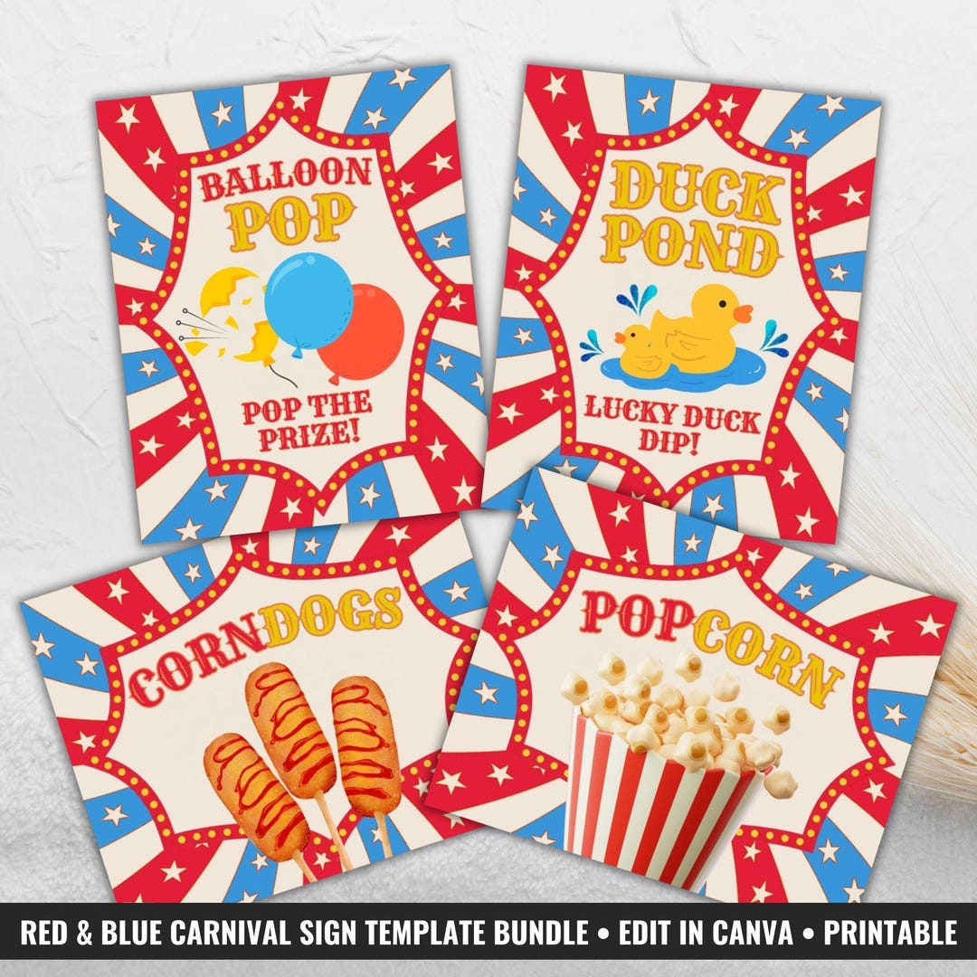 Editable Carnival Signs Bundle, Carnival Birthday Sign, Red Blue Circus ...