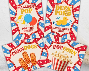 Editable Carnival Signs Bundle, Carnival Birthday Sign, Red Blue Circus Party Decor, Circus Tent Sign, Game & Booth Signs, Canva Template