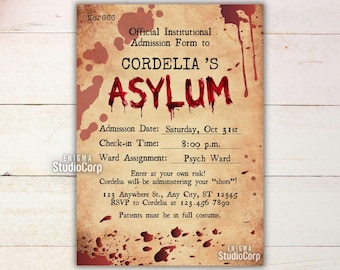 Bloody Asylum Halloween Invitation, Lunatic Asylum Invite, Horror Mental Hospital Party Invite, Printable Rustic Invite, Editable Template