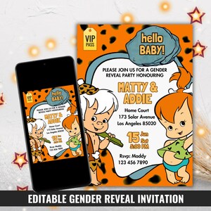 Invitación editable para revelar el género del bebé, invitación a la fiesta de Pebbles y Bam Bam, pase VIP de la Edad de Piedra Naranja, plantilla de tarjeta digital para revelar el género