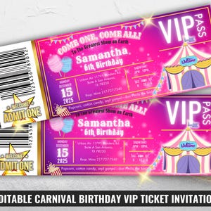 Karneval VIP Ticket Geburtstagseinladung, Zirkus Mädchen Party einladen, Pastell Karneval Thema, Jahrmarkt Pass, Pink Burst Fake Karneval Gutschein