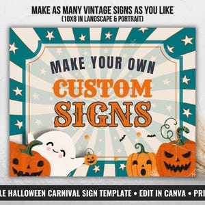 Letrero editable para fiesta de Halloween, decoración imprimible para carnaval o circo, letrero de cumpleaños espeluznante personalizado, letrero para baby shower, en verde azulado, naranja y blanco.