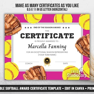 Softball Award Certificate, End of Season Team Ceremony Awards, Printable Softball Banquet Recognition Award Gift, Editable Diploma Template