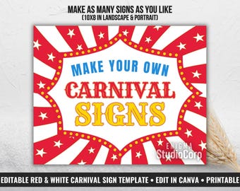 May include: A rectangular carnival sign template featuring a red and white starburst background with a central white panel. The text reads: MAKE AS MANY SIGNS AS YOU LIKE (10X8 IN LANDSCAPE & PORTRAIT), MAKE YOUR OWN, CARNIVAL, SIGNS, and ENIGMA StudioCorp.