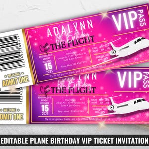 Flugzeug Geburtstag VIP Ticket Einladung, bearbeitbare rosa Bordkarte einladen, Mädchen Pilot Party, Reisegutschein Pass, Flugzeug Flug Thema Pass