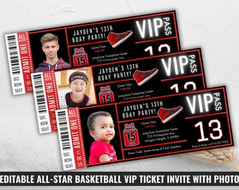 May include: Black and red VIP tickets with photos of children. The tickets read "JAYDEN'S 13TH BDAY PARTY!" with a basketball shoe graphic. Includes event details and the text "EDITABLE ALL-STAR BASKETBALL VIP TICKET INVITE WITH PHOTO."