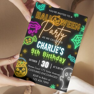 Neon Halloween Birthday Invitation, Neon Glow Party Invite, Kids Spooky Costume Party for Boys & Girls, Scary Party, Editable Canva Template image 5