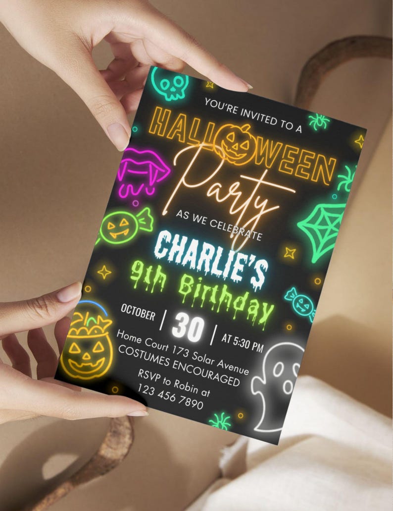 Neon Halloween Birthday Invitation, Neon Glow Party Invite, Kids Spooky Costume Party for Boys & Girls, Scary Party, Editable Canva Template image 5